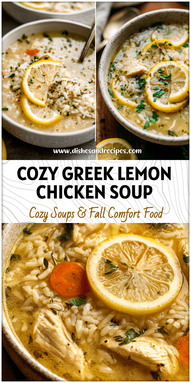 Bowl of Greek chicken soup with rice, lemon slices, and herbs from Healthy Greek Soup Recipes.
